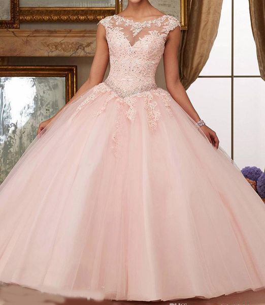 

Великолепные Платья Quinceanera 2019 Румяна Розовое Бато Шея Cap Рукав Аппликации Кружева