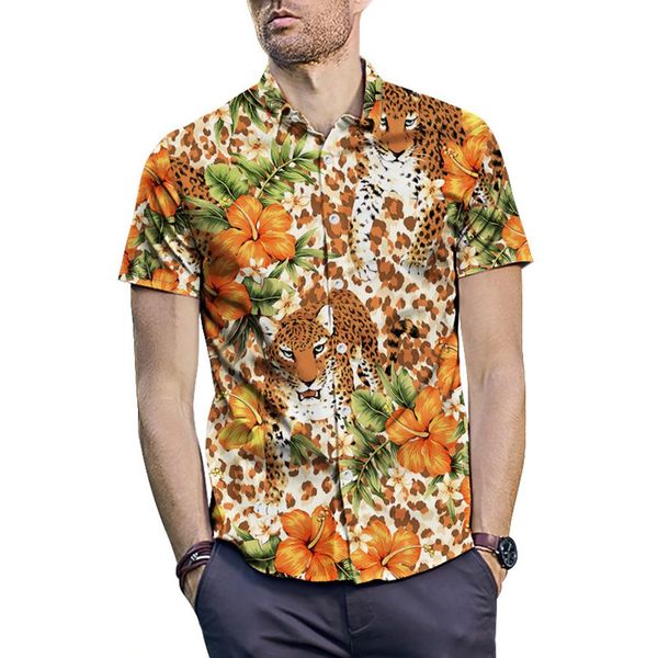 

hawaiian summer men's leopard flower print turn down short sleeve shirt top, White;black