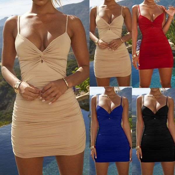 

women low cut deep v neck sling pleated bodycon casual mini dress wrap spaghetti strap summer club dress, Black;gray