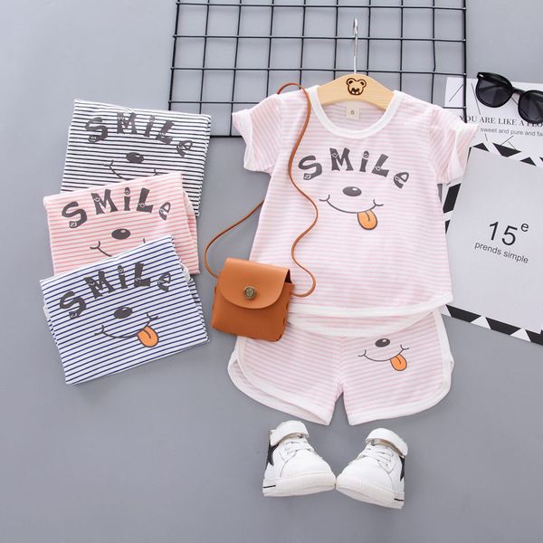 

new summer baby boys girls clothing sets infant clothes suits cotton strips smile t shirt shorts 2pcs kids children costume sets, White