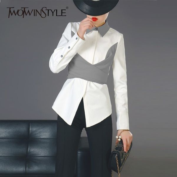 

twotwinstyle women's shirts lapel collar long sleeve patchwork hit color tunic shirt for women ladies fashion 2019 spring, White