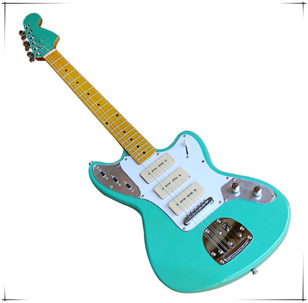 

3 p90 pickups white pickguard green body electric guitar with chrome hardware,yellow maple fingerboard,can be customized