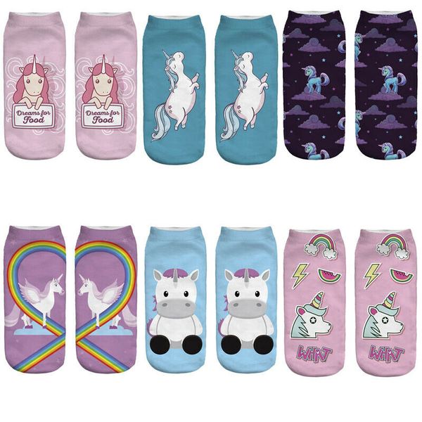 

3d unicorn print men women casual low cut ankle socks cotton animals pattern, Black;white