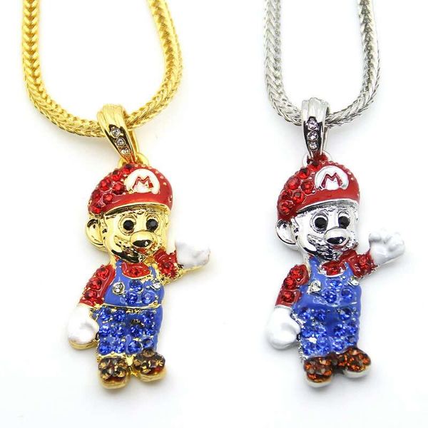 

hip hop super mario diamonds pendant necklaces for men women computer game cartoon luxury pendants comic anime necklace jewelry gifts, Silver