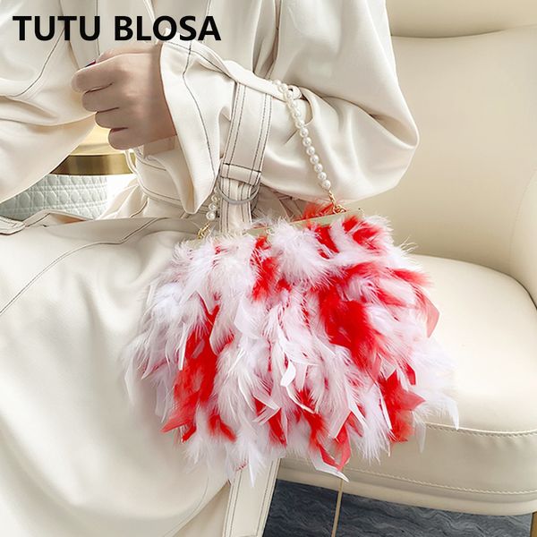 

luxury ostrich feather handbag for women designer chain shoulder bag pearl andle small frame party wedding clutch purse