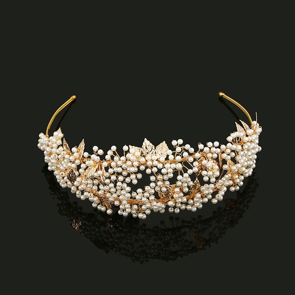 

slbridal gold crystal rhinestones pearls flower leaf wedding tiara headband bridal crown hair accessories bridesmaids women, Golden;white