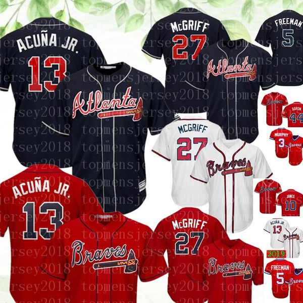 

Atlanta 2019 Braves 13 Ronald Acuña Jr. 27 Austin Riley Jersey 10 Chipper Jones 44 Hank Aaron 5 Freddie Freeman Jerseys 2020