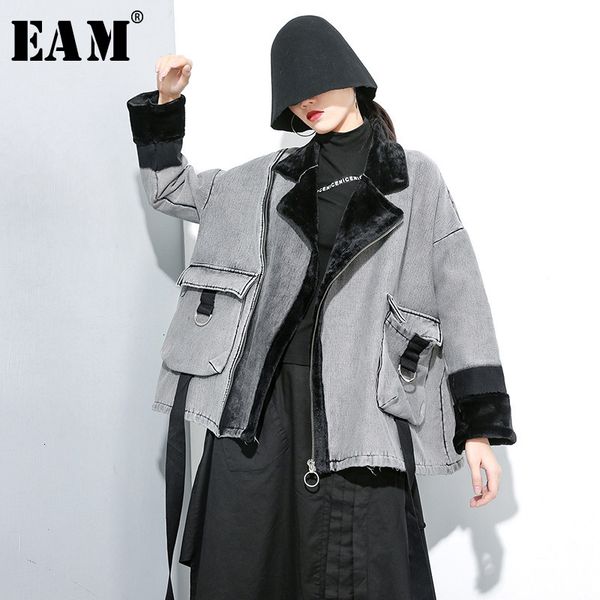 

eam] loose fit black denim split pocket big size jacket new lapel long sleeve women coat fashion tide autumn winter 2019 1k157, Black;brown