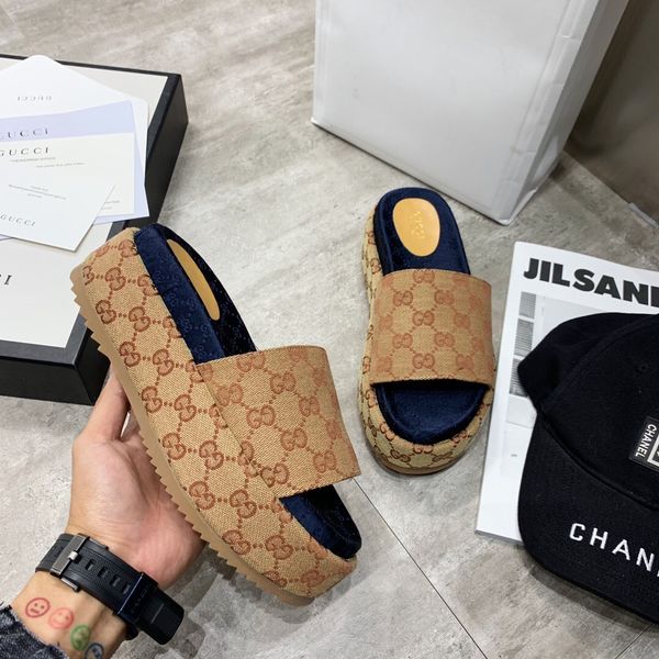 

canvas platform female slippers designer luxury leisure brand lazy outdoor women's shoes original shoe box size 35-40, Black