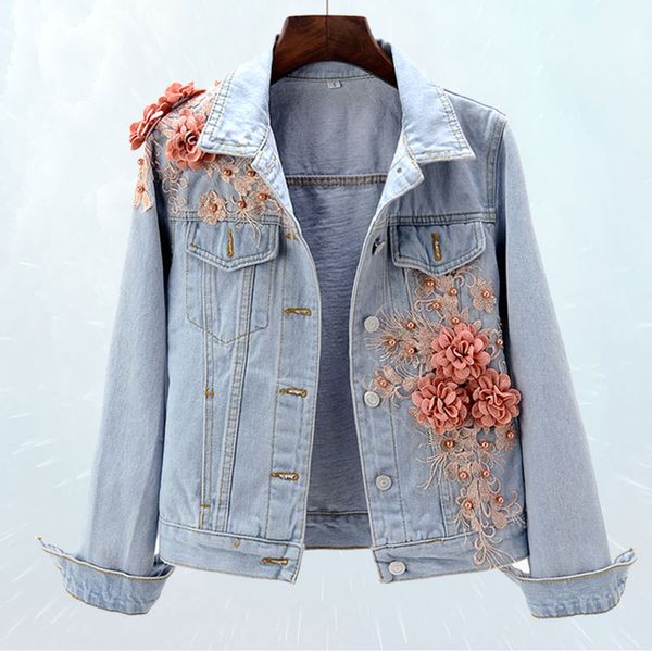

three-dimensional flower pearl embroidery short denim jacket 2019 spring autumn jacket women slim body fashion basic jean coat 1, Black;brown