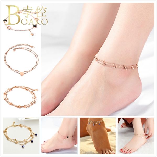 

women rose gold heart anklet bracelet beaded chain evil eyes bohemia girl foot chain stainless steel anklets z5, Red;blue