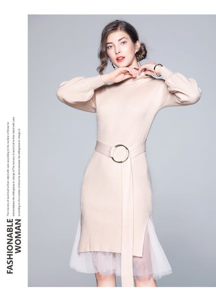 

2019 autumn new european and american women's slim slimming dress two-piece long-sleeved high-necked knit dress, Black;gray