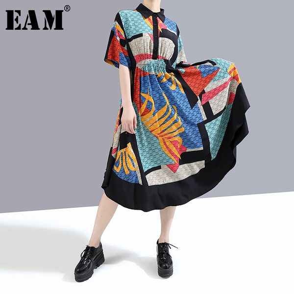 

eam] women blue pattern irregular printed long shirt dress new lapel half sleeve loose fit fashion spring summer 2020 1w339, Black;gray