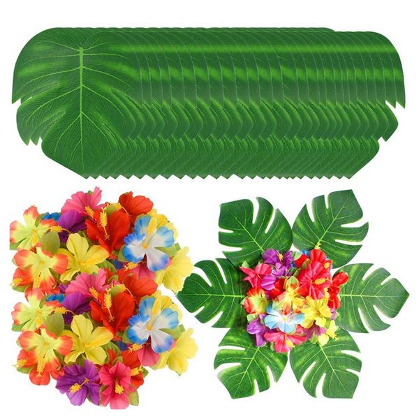 

90pcs tropical palm leaves and hibiscus flowers, artificial leaves plants hibiscus flowers fete deco, hawaiian party jungle beac