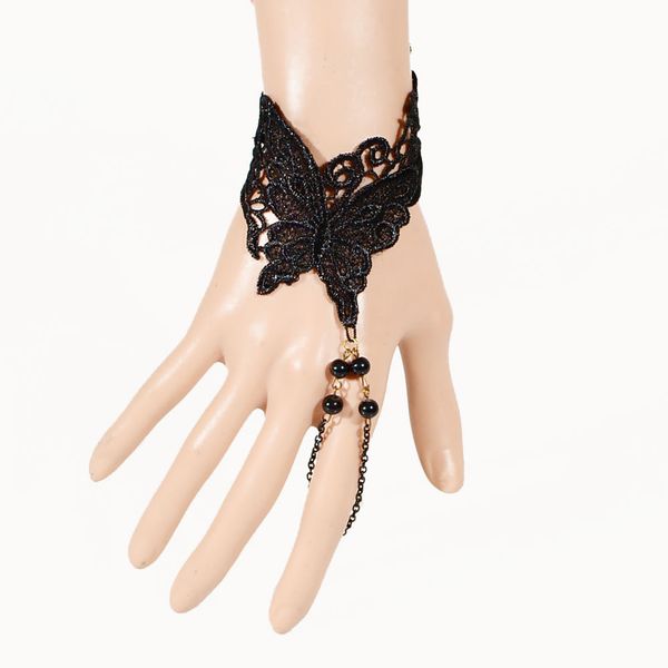 

gothic retro vintage black butterfly lace bracelet ring set for wedding, Golden;silver