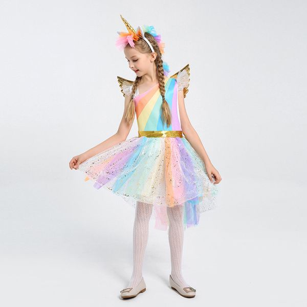 

wholesale-kids girls rainbow unicorn costume for girls princess halloween carnival birthday party dress cosplay costumes, Black;red