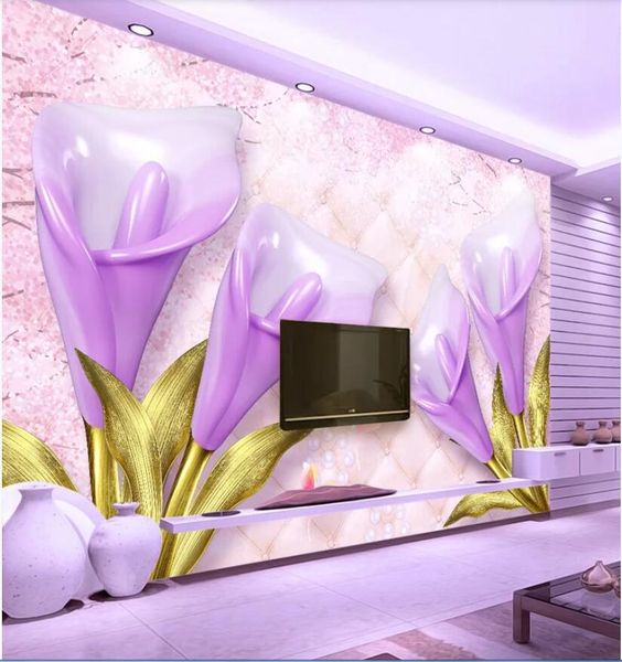 

3d room wallpaper custom p non-woven mural 3d purple calla embossed soft bag jewelry background wall wallpaper for walls 3 d