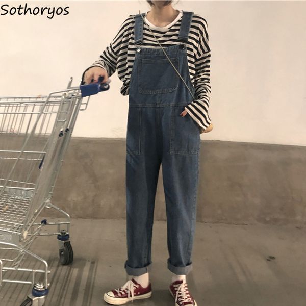 

jumpsuits women straight pockets leisure all-match simple retro vintage bodysuits womens korean style soft kawaii students chic, Black;white