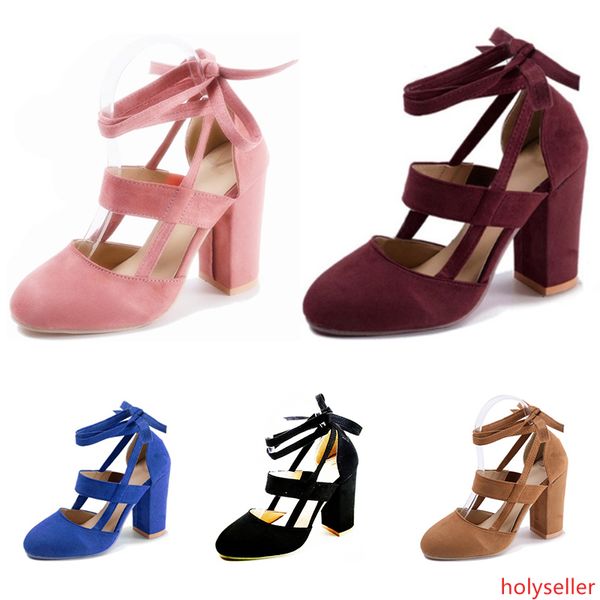 

2020 whole sale women high heel suede ankle strap with thick heels yellow red black blue size 35-40