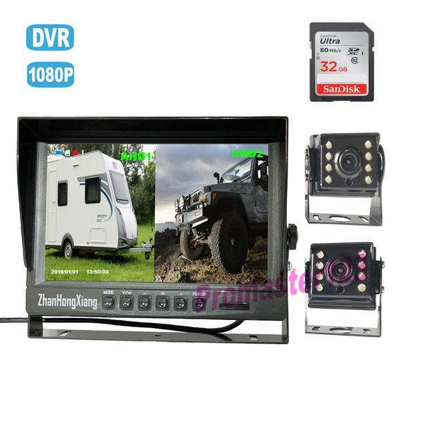 

hd 1080p backup cameras system with dvr dash cam ,2 x 4pin car front rear view camera + 9 ips ahd split monitor with sd recorder