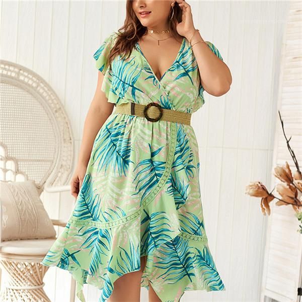 

beach dress floral printed v neck irregular oversize casual sashes dresses fashion new style summer females clothes womens plus size, Black;gray