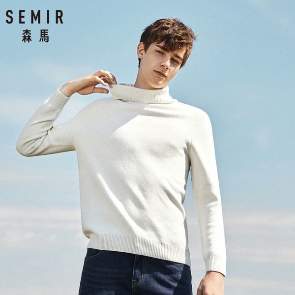 

semir men wool blend fine knit sweater with rolled ribbed turtleneck men's classic sweater ribbing at cuff and hem for winter, White;black