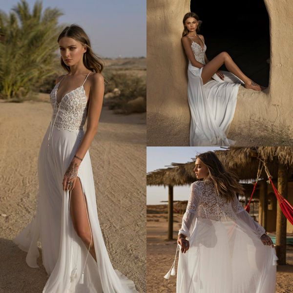 abiti da sposa boho estivi su misura asaf dadush spaghetti in pizzo spacchi alti alla coscia abiti da sposa con abito da sposa da spiaggia in chiffon avvolgente