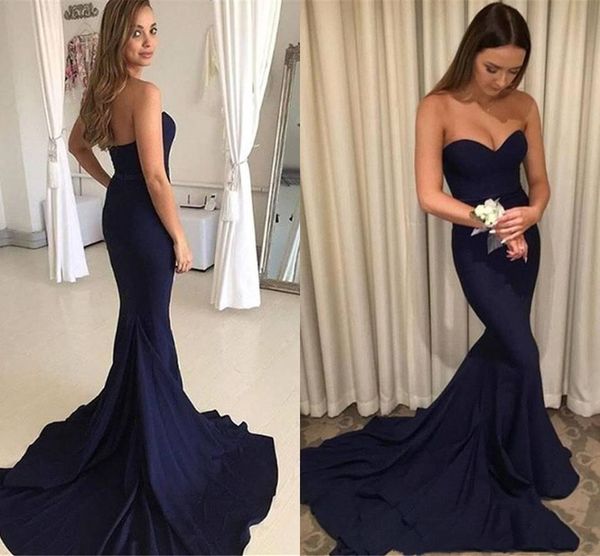 

elegant navy blue sleeveless mermaid prom dresses strapless zipper back sweep train formal dresses elastic satin evening gown, Black;red