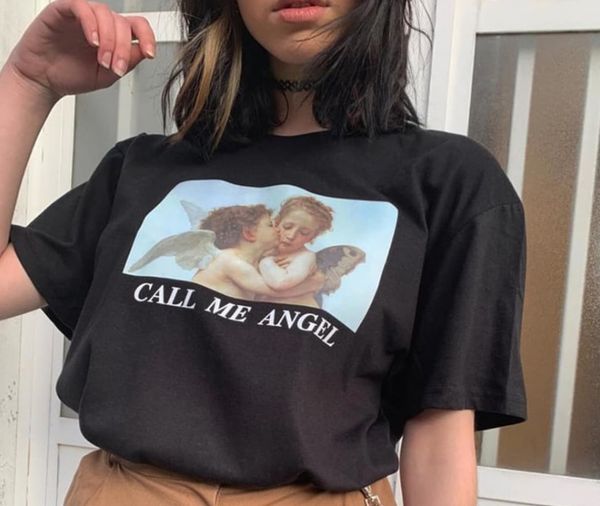 

call my angel2020 summer women's short-sleeved new fashion t-shirt harajuku plus size cartoon printing funny t-shirt, White