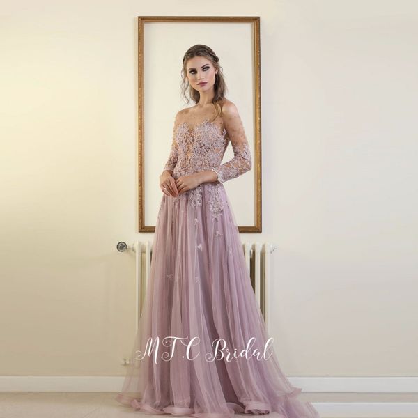 

2019 dusty rose long sleeve evening dress sheer lace a line backless charming formal women dresses custom made gowns, White;black