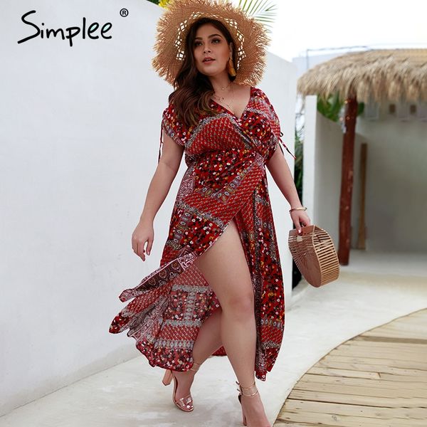 

simplee boho print women summer long dress plus size v neck robe split maxi dresses casual beach wear female vestidos 2019, Black;gray