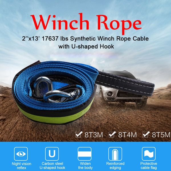 

5cm*3.0m/5cm*4m /5cm*5m 17637lbs synthetic winch rope cable with u-shaped hook blue car accessories