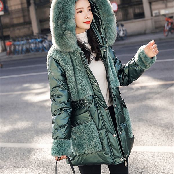 

women's mid-length cotton coat 2019 winter new fashion waistband lamb hair stitching shiny big fur collar hooded cotton tide, Black