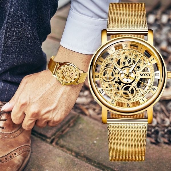 

luxurymens fashion hollow watches men business watch male stainless steel mesh belt skeleton quartz wrist watch relogio masculino, Slivery;brown