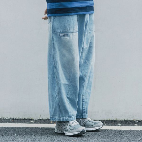 

men oversize loose casual wide leg jeans male japan karajuku streetstyle retro straight ankle length denim pants harem trousers, Blue