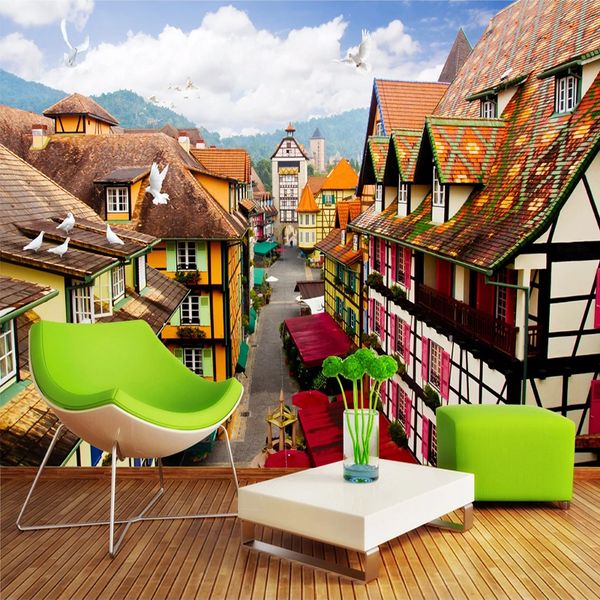 

custom self-adhesive wallpaper european small town building 3d p background study room restaurant cafe bar wall decor mural