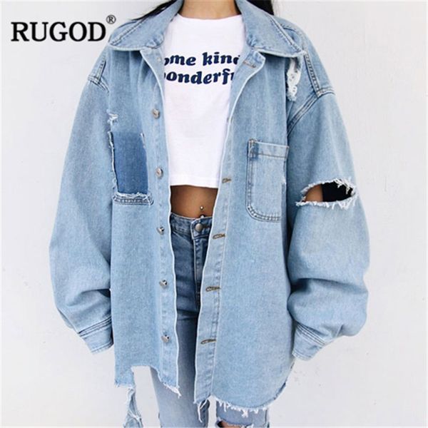 

rugod women ripped jeans jackets and coat fashion loose sleeve tassel boyfriend denim jacket oversized jeans jacket coats female, Black;brown