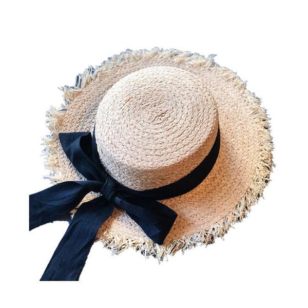 

summer beach raffia black white ribbon hat women lady bow raffia hat temperament flat straw hats women's sea beach, Blue;gray