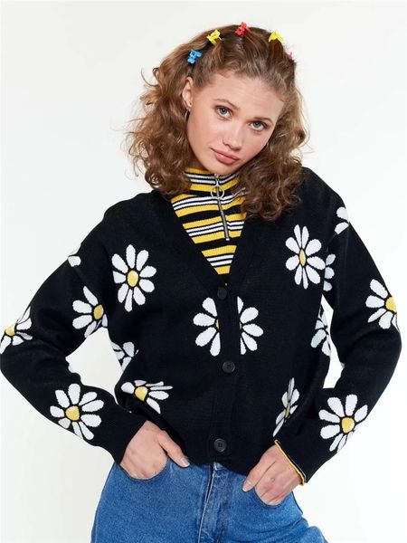 

fashion womens cardigan knits designer flower pattern casual v neck sweater luxury autumn long sleeve clothing, White