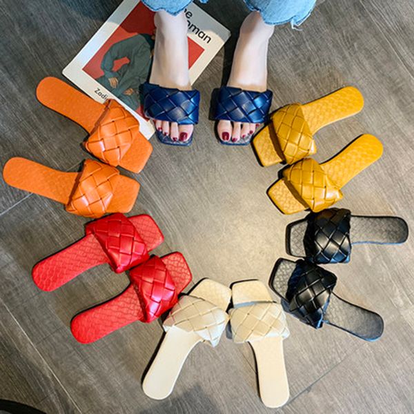 

2020 new summer woven slippers women slip on slides fashion brand square toe flat casual flip flops beach slippers slide sandals, Black