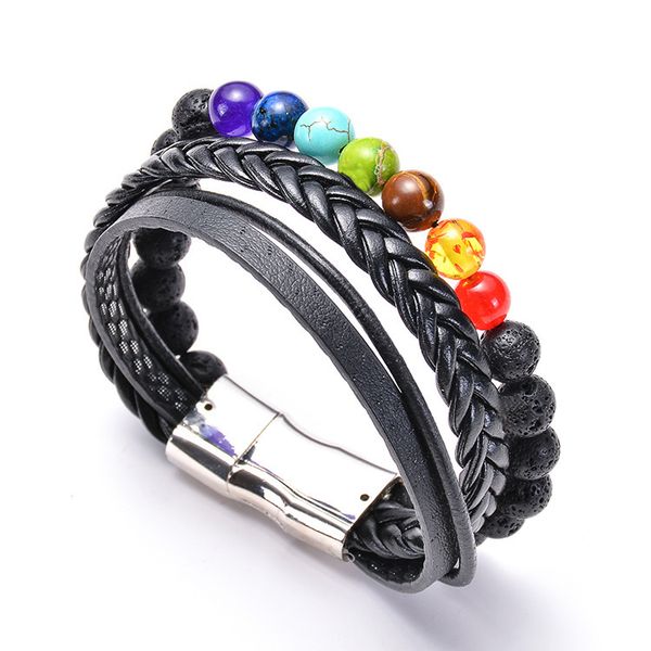 

new chakra lava volcano stone bracelets men boys leather bracelets 7 chakras yoga magnet buckle bracelet men gifts, Golden;silver