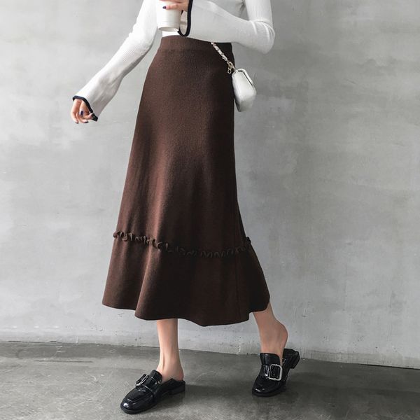 

autumn winter elastic high waist skirts womens solid kintted long skirts a-line elegant women maxi skirt jupe femme streetwear, Black