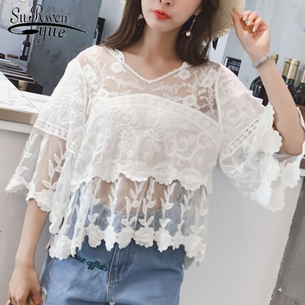 

2019 spring and summer ladies clothing women and blouse chiffon blouse cool lace blusas crop women 4480 50, White