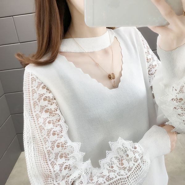 

15695 new style lace sleeve hollow ice knitwear, White
