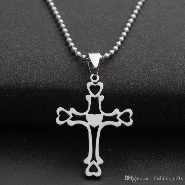 

10pcs stainless steel multilayer hollow love heart cross necklace religion jesus titanium faith jewelry, Silver