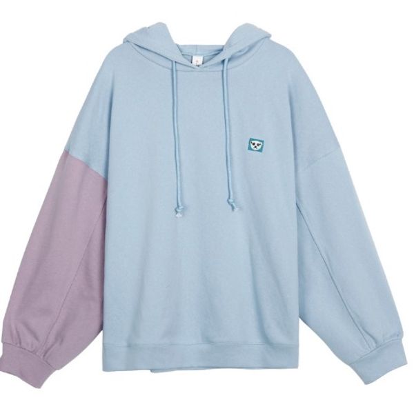 

new arrival single-sleeve patchwork contrast color hooded sweater women's autumn korean casual blue sweatshirts for girls, Black