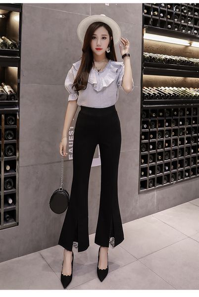 

wither black high waist jeans trumpet nine points elastic flash wet pants, Blue