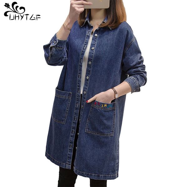 

uhytgf women denim bomber jacket elegant outwear fashion coat medium long section leisure denim coat plus size wild coats x153, Black;brown