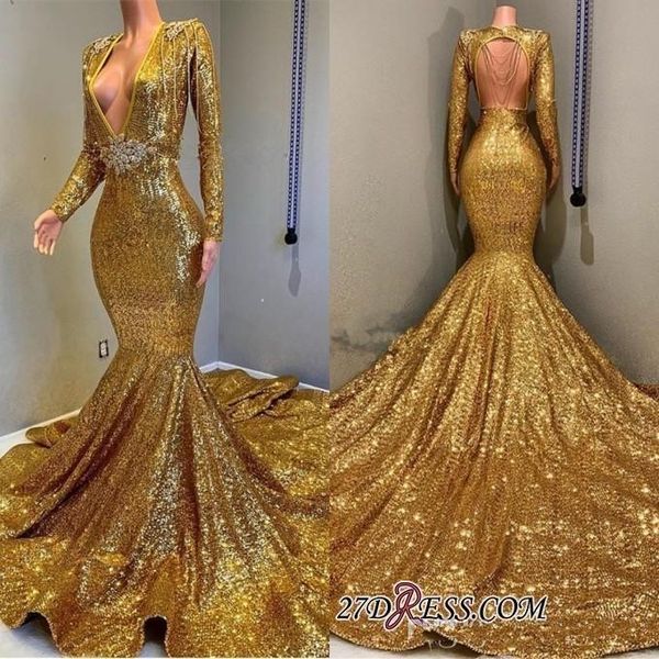 

2019 Sexy Deep V Neck Gold Mermaid Prom Dresses Long Sleeve Open Back Sequined Formal Evening Gowns Sparkly Sequin Celebrity Party Dresses