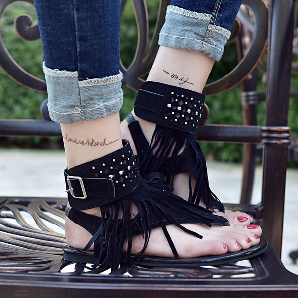 

new bohemia gladiator flat women sandals woman open flip flops vintage women shoes beach tassel sandals 35-44, Black